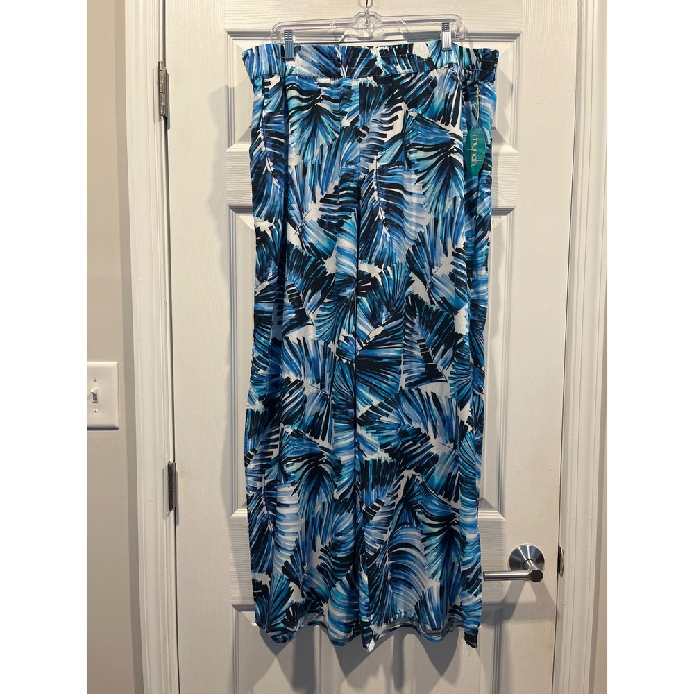 Mynah Blue Tropical Palm Leaf Print Wide Leg Pants XXL New With Tags Viscose